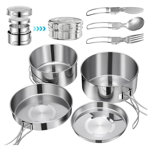 Camping Kochgeschirr Set (5+3) Für 2-3 Personen,Tragbare Outdoor Camping Topf (900ml + 600ml), Faltbar Und Stapelbar, Topfset Edelstahl Kochtopfset für Gaskocher und Campingkocher