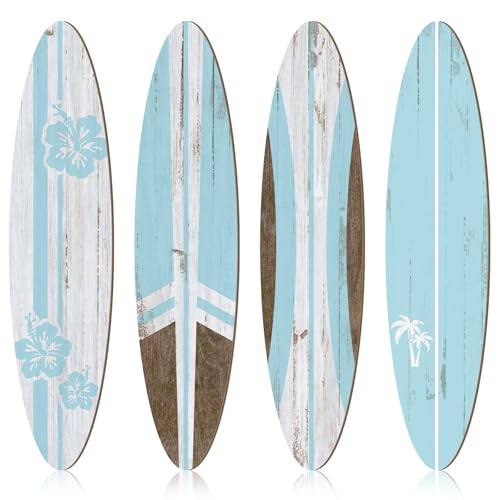 Threan 4 Pcs Large Surfboard Wall Decors Girls Boys Wooden Beach Room Decor 23.6" x 5.4" Preppy Surf Board Hanging Signs Aesthetic Tropical Wall Art for Bedroom Living Room Bathroom Decors(Blue)