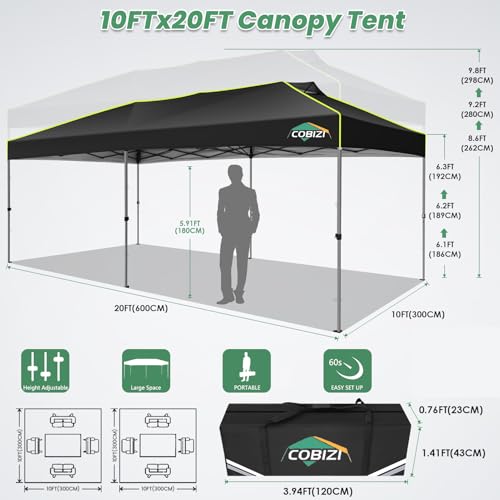 Image of COBIZI 10x20 Pop Up Canopy Tent Without Removable Sidewalls, One Push Party Tent Outdoor Waterproof Event Canopy with Air Vent for Parties Commercial Wedding, 3 Height, Carry Bag, Sandbag, Black