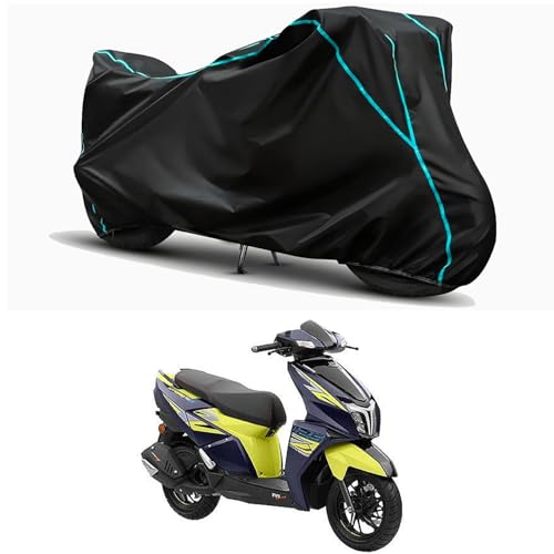 Image of Waterproof Bike Body Cover Compatible for | TVS NTORQ 125 XT | Taffeta Fabric, Sky Piping Design, Bottom Elastic Fit | Dustproof, Sun UV & Rain Protection for All Weather.