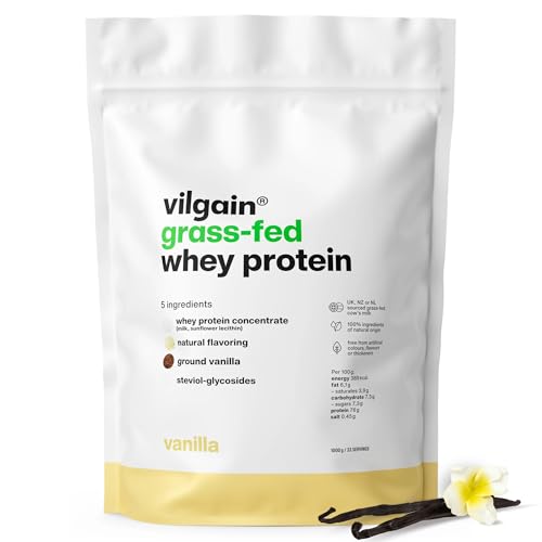 Vilgain Grass-Fed Whey Protein (1000g) Vanille Eiweißpulver Konzentrat aus Weidemilch Gesüßt mit Stevia Ohne Zuckerzusatz Ultrafiltriertes Protein Pulver für Shakes 1 kg