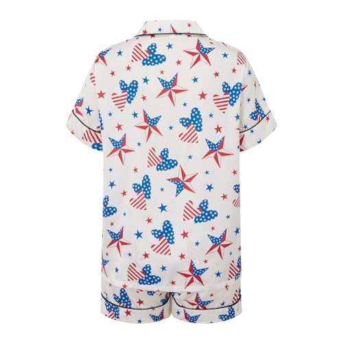 Image of Piacakece 4th of July Women Outfit Short Sleeve Button Shirt Matching Shorts Satin Pajama Sets Women July Fourth Clothes
