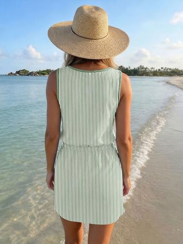 Image of SAUKOLE Womens Summer Causal Loose Sleeveless Crew Neck Drawstring Waist Mini Short Dress with Pockets
