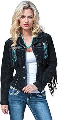 Western Genuine Leather Suede Jacket Women Native American Boar Cowlady Beaded & Fringe Cowgirl Jacket Tassels