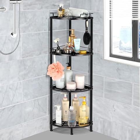 Outink Corner Shower Caddy Stand, Metal Floor Standing Shower Organizer with 4 Hooks, Multi-Function Shower Shelf Rack Stand for Bathroom Inside Shower (4-Tier) Cover