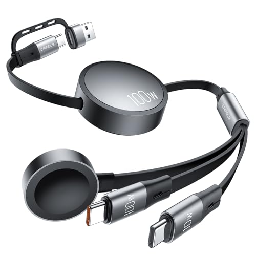 Image of CAFELE 100W Retractable USB-C to USB-C 5A Fast Charging 3-in-1 Cable, Features Magnetic Charging and Overheating Protection, 4.5-Foot USB Type-C for Phone, Notebook, Pad, Watch（Gray）