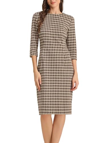 Allegra K Houndstooth Dress for Women Plaid 3/4 Sleeve Crew Neck Back Slit Business Casual Elegant 2026 Sheath Dresses X-Small Brown at Amazon Women's Clothing store
