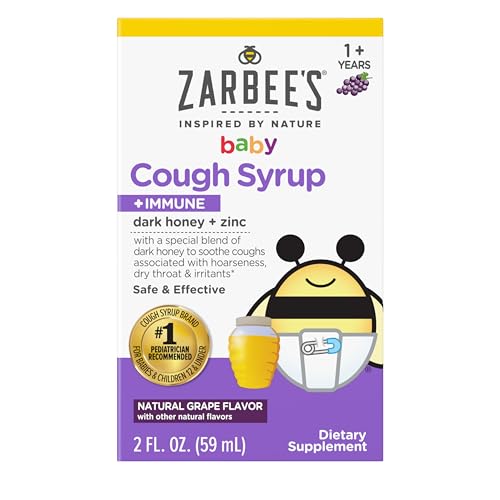 Zarbee's Baby Honey Cough Syrup + Immune for Babies 12-24 Months, Safe & Effective Cough Syrup with Soothing Dark Honey & Zinc for Immune Support*, Drug & Alcohol-Free, Grape, 2 fl. Oz