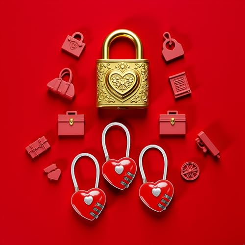 Image of 3Pcs Red Mini Love Heart Lock, Heart Padlock, Mini Code Lock,Padlocks and Hasps,Bags /Suitcase /Lockers /Backpacks /Jewelry Boxes Wire Rope 3-Digit Code Combination Padlock for Travel