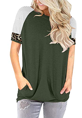 Onlypuff Casual Loose Tops For Women Green Striped Tee Shirt With Pocket Round Neck M thumb #1