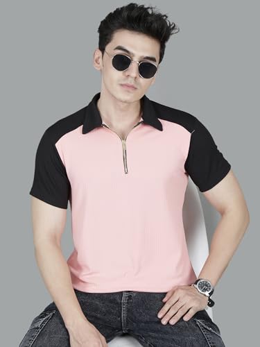Image of London Hills Men's Loose Fit Half Sleeve Color Block Polo T-Shirt with Zip Collar | Premium Polyester Fabric | T Shirt for Man | Tshirt | Shirts Men | Tshirt for Man | Men T-Shirts