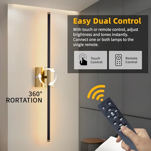 Image of 15800 mAh Battery Operated Wall Sconces with Remote Control Dimmable Wall Sconces Set of Two 3000K LED Brass Gold and Black Wireless Wall Light Battery Powered Cordless Rechargeable Sconces Decor