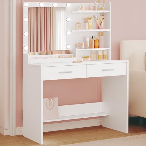 Hzuaneri 90 cm Tocador con Espejo, tocador de Maquillaje con luz, 3 Brillo Ajustable, tocadores con 2 cajones, 4 estantes Abiertos y 2 Compartimentos, Moderno, Blanco DT42703XEU