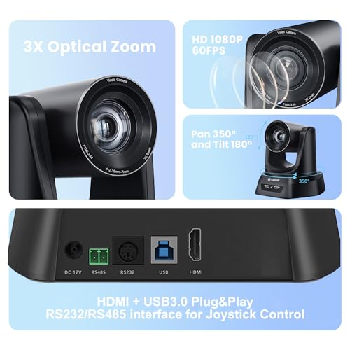 3X Optical Zoom PTZ Camera HDMI USB 3.0 1080P 60fps 114-Degree Wide-Angle for Video Conference Business Meeting Live Streaming Online Learn with Zoom YouTube Teams OBS and More