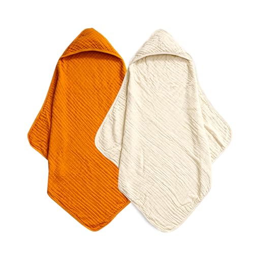 Image of david's kids 2 Pack Hooded Baby Towels, 100% Muslin Cotton 6-Layer Ultra Soft Breathable Absorbent Baby Bath Towels for Infant and Toddler, Newborn Essentials, Large 32x32Inch, Beige & Ginger