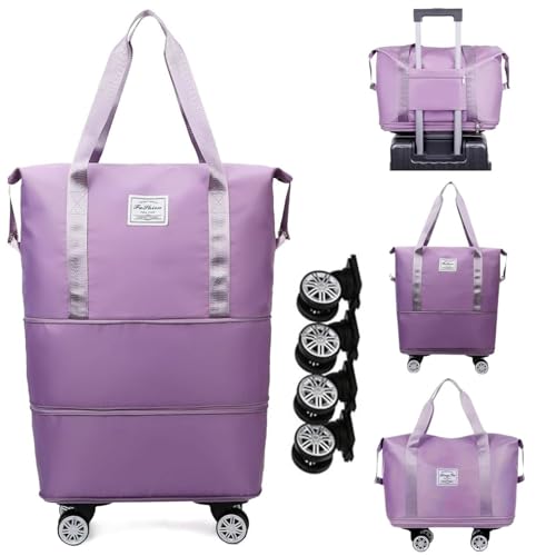 Image of Rolling Duffle Bag with Wheels, Expandable Foldable Travel Duffle Bag with Telescopic Handle, Portable Wheeled Luggage Bag for Travel, Lightweight Foldable Suitcase Bag for Men & Women (Purple)