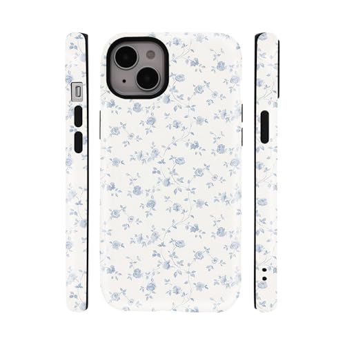 qizjio Vintage Blue Rose Floral Aesthetic Phone Case, Shockproof Protective Cover for iPhone 15 Plus/14 Plus