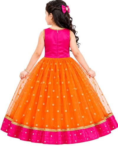 Image of Girls Designer Lehenga Choli Set Orange Rani Pink Readymade Pattu Pavadai Style Traditional Ethnic Dress for Baby Girls Kids Festive Wedding 3Months-8 Years
