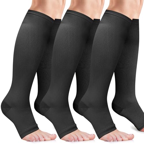 Image of Open Toe Compression Socks for Men & Women - 3 Pairs 15-20 mmhg Toeless Knee High Stockings for Circulation, Nursing, Running