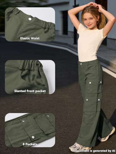 Image of SANGTREE Girls Wide Leg Cargo Pants Multi Pocket,6-14 Years | Cotton High Waist Baggy Trousers with Pockets Teen Y2K Streetwear School Pants| Back-to-school,Outdoor Play