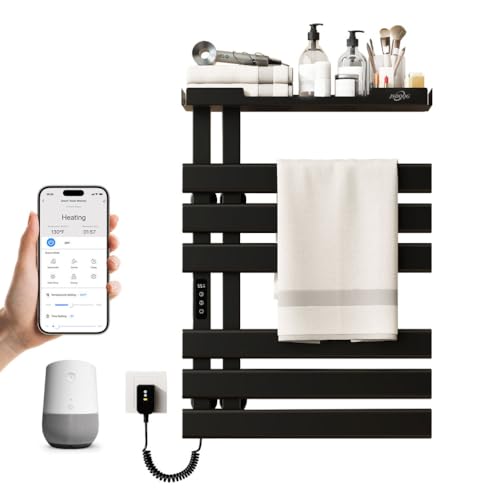 JSDQQG Toallero Electrico baño De Pared,Secador Toallas Baño Electrico Inteligente WiFi,Radiador Calentador De Toallas con Estante Y Pantalla Led,Control por Voz,6 Postes Ensanchados,Black