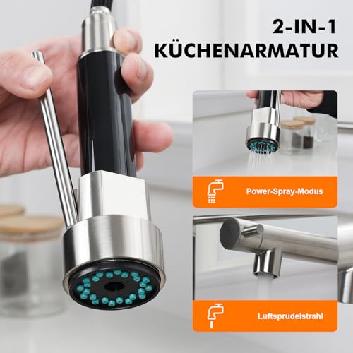 Ibergrif M22144A Küchenarmatur Ausziehbar mit Brause, Wasserhahn Küche Spiralfeder 360° Schwenkbar, Spültischarmatur Einhebelmischer 2 Strahlarten, Hochdruck Mischbatterie Edelstahl