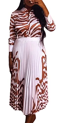 Women Zebra Floral Print 2 Piece Outfits Formal Button Down Shirt And Long Pleated Skirt Suiting Set Brown X-Large #TOP3