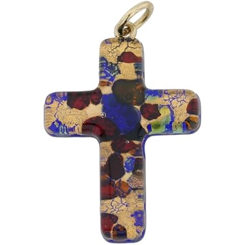 Murano Glass Cross Pendant Necklace with Gold Leaf Cover