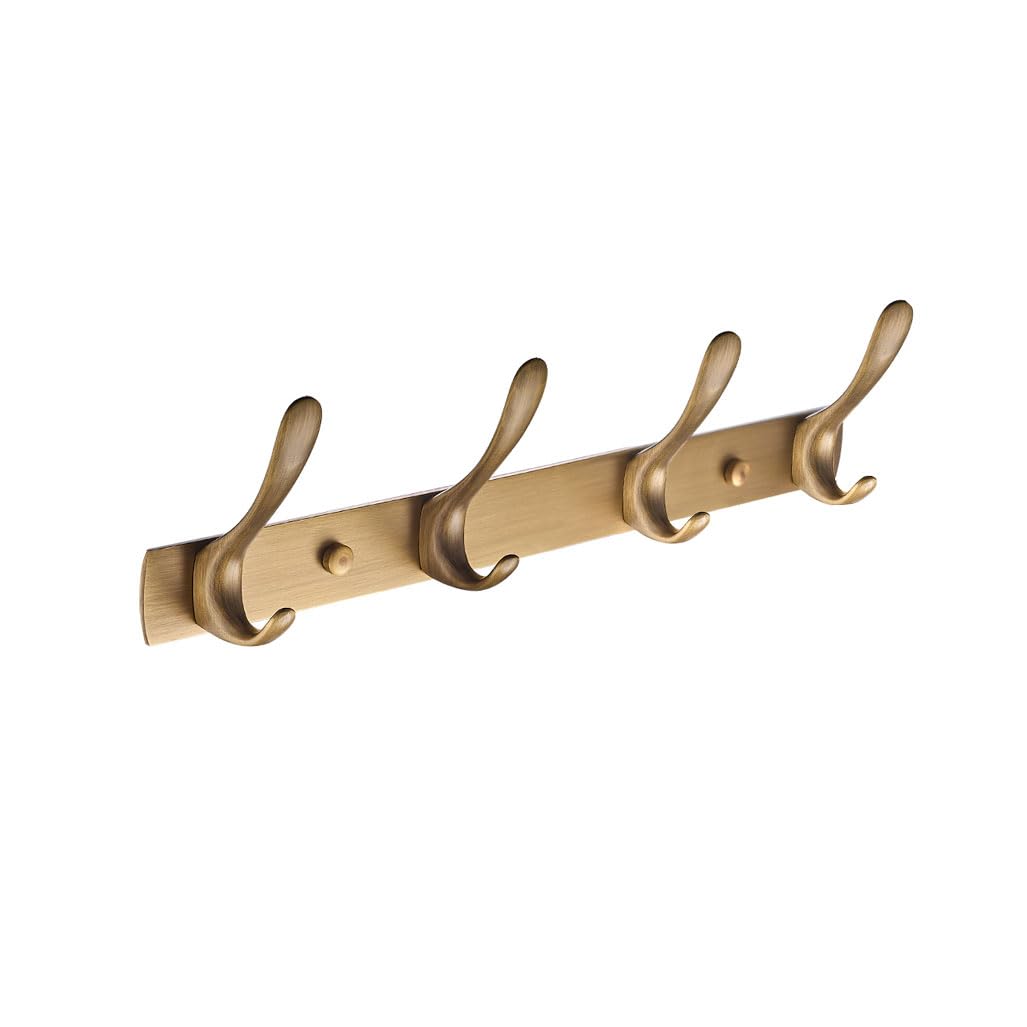Qpkz Gold Solid Brass Vintage Coat Rack Wall Mount, Heavy Duty Brushed Surface Metal Wall Hooks Hanging Coat Hooks Rail Clothes Towel Racks For Bathroom Entryway Bedroom 4Hook