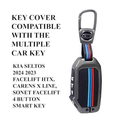 Image of Metal Key Cover Compatible with Kia Seltos 2024 2023 Facelift HTX | Carens X Line | Sonet Facelift 4 Button Smart Key
