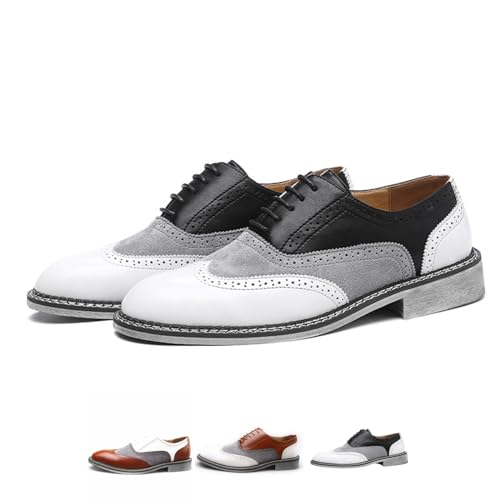 Men's Wingtip Two Tone Patchwork Brogue Oxfords Shoes: Fashion Classic Round-Toe Lace Up Low Top Leather Dress Shoes