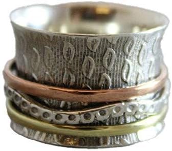 Sterling Silver Spinning Ring - Leaf Worry Fidget Bohemian Anxiety Relief Ring - Bohemian Boho Style - Birthday Valentine's Mother's Day Gift - Handmade Jewelry Gift Ideas for Women Size 7