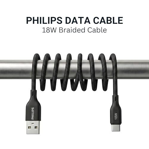 Image of PHILIPS DLC4160AB /94 18W Type-A to Type-C Fast Charging Cable (2m, Dark Slate) | Nylon Braided | Compatible with iPhone 15+ Series, USB-C iPad Models, Samsung Galaxy & All Type C Devices
