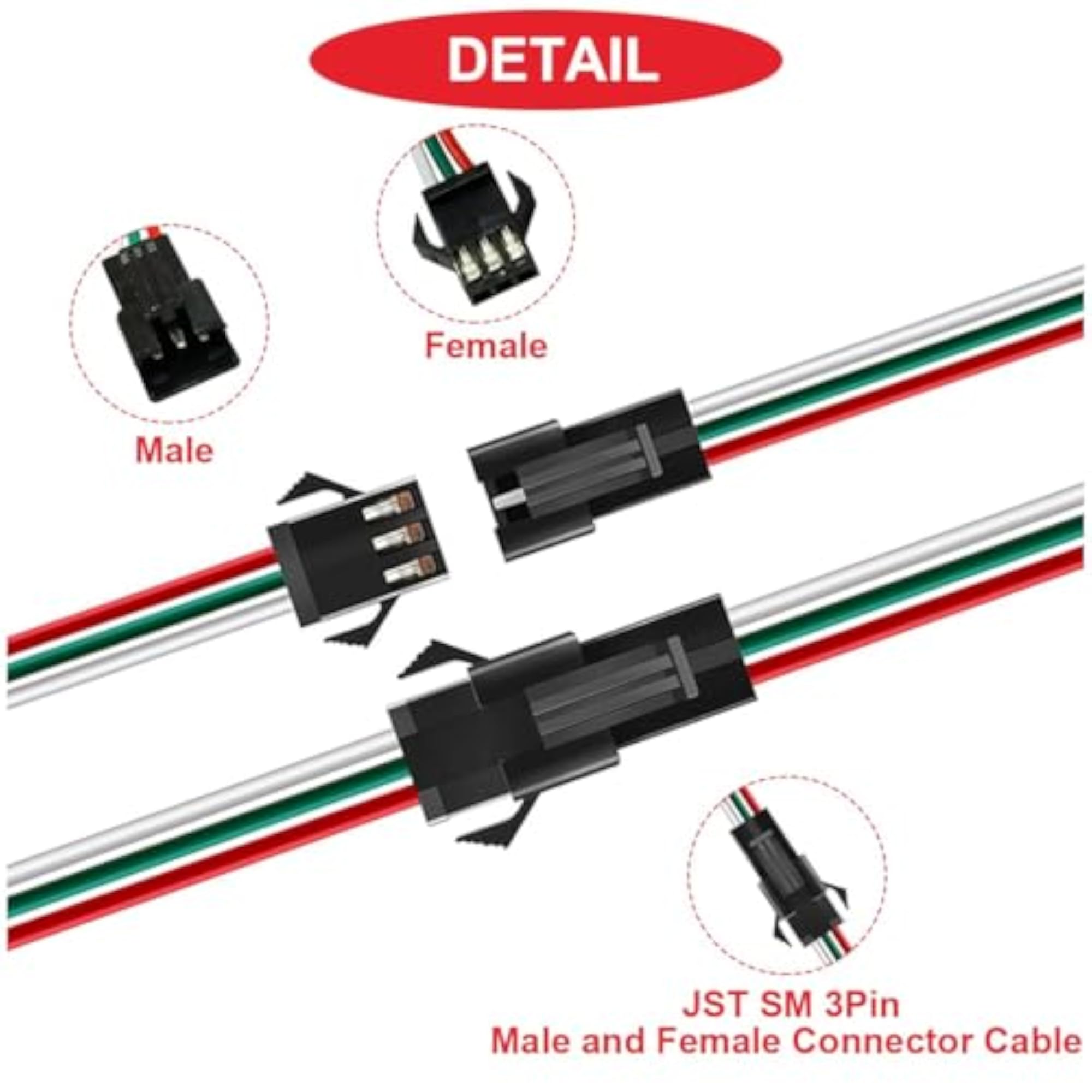 10 Sets JST SM Male Female Plug LED Connector Cable