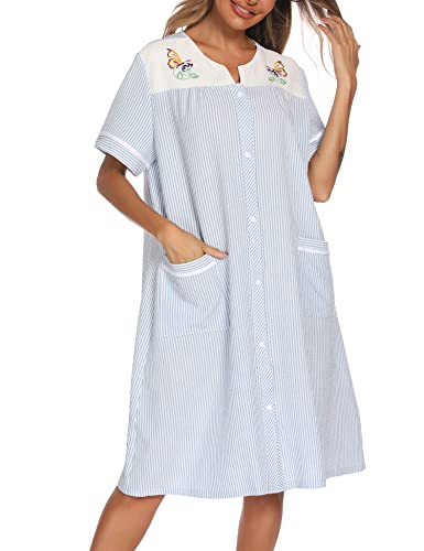 YOZLY Women Embroidered House Dress Short Sleeve Housecoat with Front Pockets Light Blue, Medium
