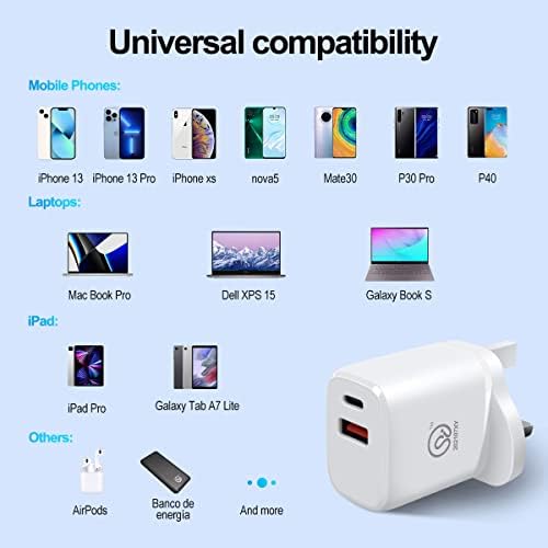 ExtraStar USB C Plug Charger 20W, Dual Port Fast Wall Charger with Output 5V/3.1A, Mains Charger Compatible with iPhone XS/13/13 Pro/14/14 Plus/14 Pro/14 Pro Max, Galaxy, Pixel