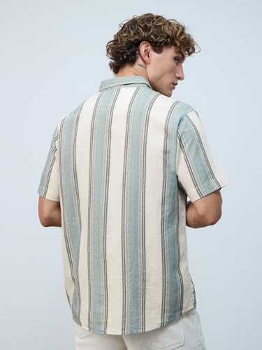 Image of The Souled Store Cotton Linen Stripes: Apricot Men and Boys Long Sleeves Collared Neck Orange Stripes Regular Fit Lightweight Comfortable Summer Cotton Linen Shirts