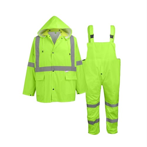 GGS Three-Piece Rain Suit - High Visibility, Waterproof Bibs and Jacket with Detachable Hood, Lightweight Rainwear for Construction, Camping, Hiking, Fishing Gear