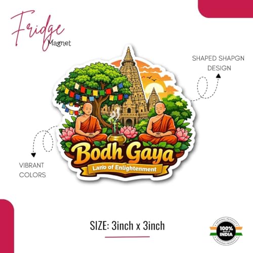 Image of Spiritual Bodh Gaya Fridge Magnet | Bodh Gaya Souvenir Refrigerator Magnet | Wooden Decorative Fridge Magnet for Home, Kitchen & Office | Travel Gift, Buddhist Gift | 3x3 Inch | Pack of 1