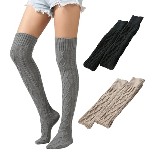 MUYDZ 2 Pairs Women's Thigh High Leg Warmers, with Double Rhombic Cable Knit Socks for Daily Wear, Party or Gift Giving
