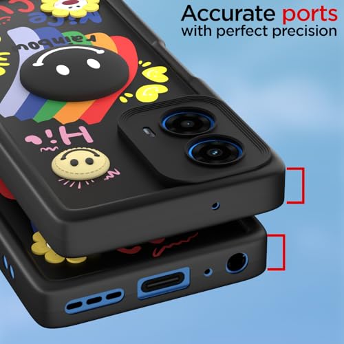 Image of Pikkme Back Cover for Motorola Moto G34 / G45 5G | Soft Silicone| Cute Rainbow Smile & 3D Cartoon Flower Design | Shockproof Raised Camera Protection Bumper Case (Black)