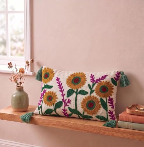 Image of Furnistitchs Boho Rectangle Cushion Cover 12x20 inches | Handmade Decorative Throw Pillow Case | Bohemian Home Decor Sofa Bed Cushion Cover Living Room Bedroom (2, Mustard Floral, 12x20 inches)