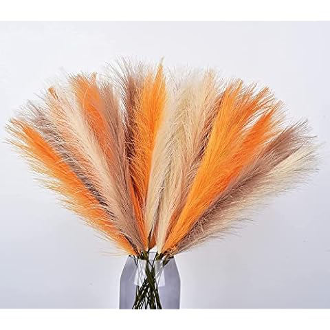 LSKYTOP Orange Pampas Grass Decor,23Inch 12pcs Faux Pampas Grass Bouquets Artificial Pampas Fake Pampas Flower for Home Living Room Bedroom Vase Decor Cover