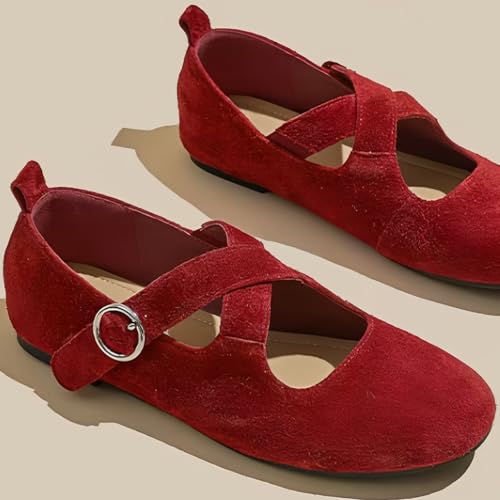 Chic Mary Jane Flats for Women Crisscross Strap Metal Buckle Rounded-Toe Genuine Leather Casual Shoes2
