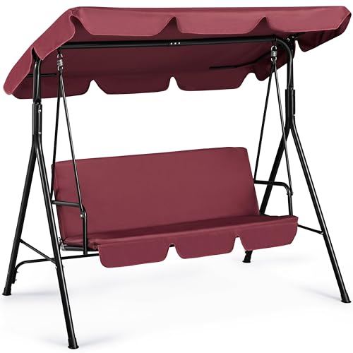 Image of Yaheetech 3-Seat Patio Swing Chair, Outdoor Canopy Swing with Adjustable Canopy & Removable Cushion, Hanging Lounge Chair for Patio, Garden, Yard, Porch - Burgundy | Outdoor Glider Swing, 550lb Capacity, Tilting Sunshade, Anti-Slip Pads, Weather-Resistant Fabric, Ez up, Sturdy A-Frame