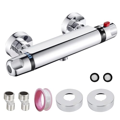 Grifos Ducha, Ftemglo Grifo Ducha Termostatico con el Botón de Seguridad de 38 ℃, Grifo Ducha Termostatico de Latón Cromado, Rango de Control de Temperatura 20-50°C