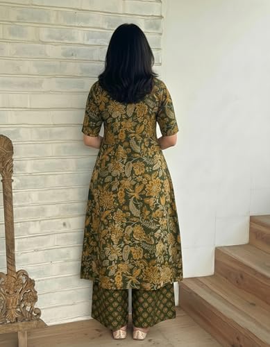 Image of ANNI Designer Women's Viscose Blend Straight Printed Kurta with Palazzo | Elbow Length Sleeve Kurti Set | Close Neck with Back Slit | Soft Comfortable Fabric | 2 Piece Outfit
