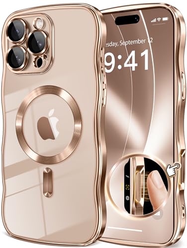 GVIEWIN for iPhone 16 Pro Max Case Compatible with MagSafe Upgraded [Full Camera Protection][Cute Wave Frame][Military Grade Protection] Electroplated Soft Phone Cover for Women Girl Clear/Rose Gold