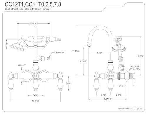 Kingston CC11T2 Grifo de bañera para montaje en pared de 3-3/8", latón pulido miniatura 2