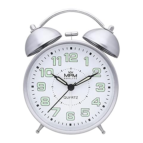 MPM Quality Cooper Colour Alarm Clock, Retro Analogue Alarm Clock, Luminescent Numbers, Double Alarm, No Ticking, Vintage, Quartz Movement, Night Light Function, C01.3855.72, Silver, Small/Normal Cover